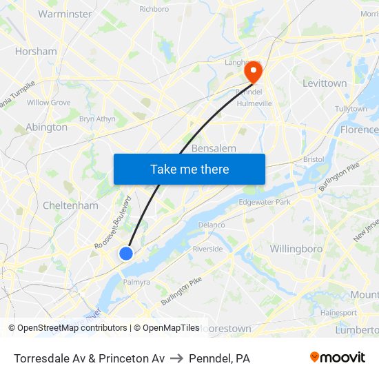 Torresdale Av & Princeton Av to Penndel, PA map