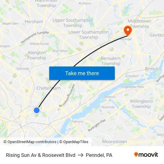 Rising Sun Av & Roosevelt Blvd to Penndel, PA map