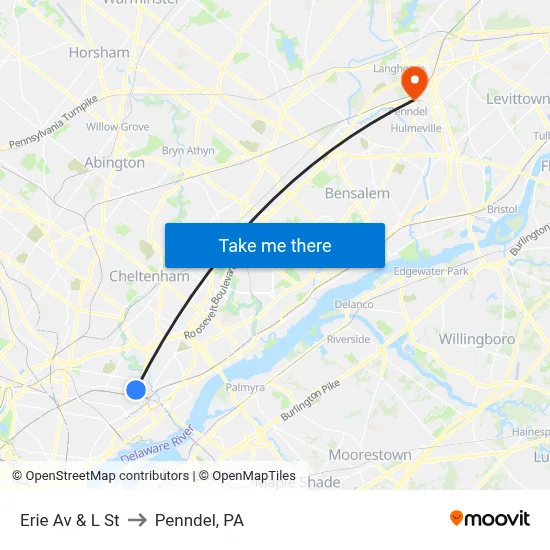 Erie Av & L St to Penndel, PA map