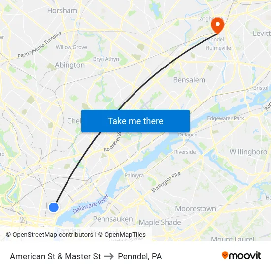 American St & Master St to Penndel, PA map