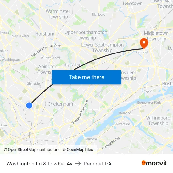 Washington Ln & Lowber Av to Penndel, PA map