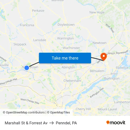 Marshall St & Forrest Av to Penndel, PA map