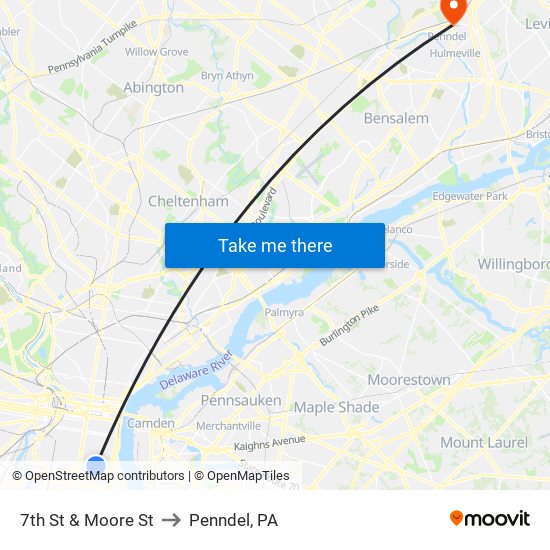 7th St & Moore St to Penndel, PA map