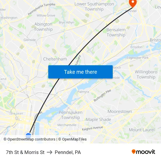 7th St & Morris St to Penndel, PA map