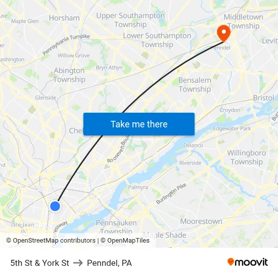 5th St & York St to Penndel, PA map