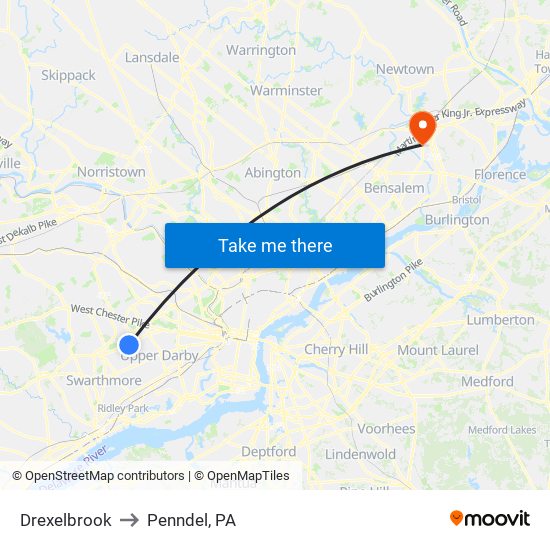 Drexelbrook to Penndel, PA map
