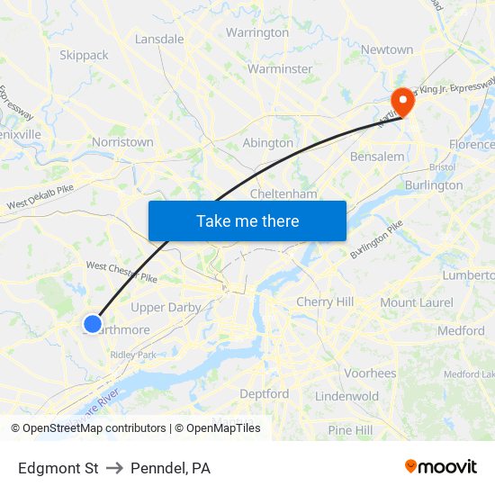 Edgmont St to Penndel, PA map