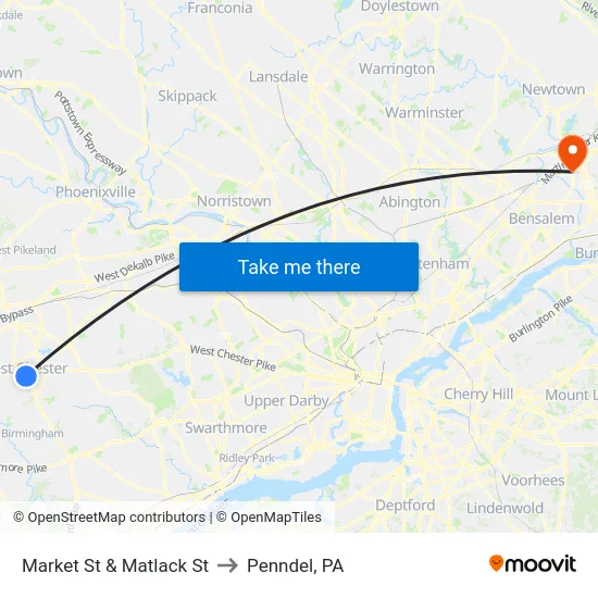 Market St & Matlack St to Penndel, PA map