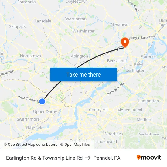 Earlington Rd & Township Line Rd to Penndel, PA map