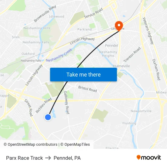 Parx Race Track to Penndel, PA map