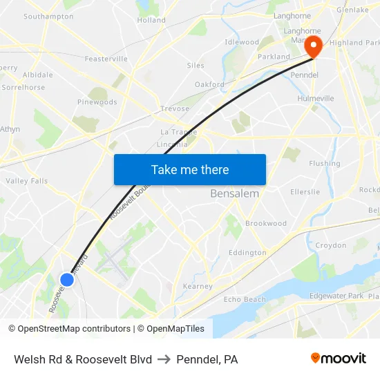 Welsh Rd & Roosevelt Blvd to Penndel, PA map
