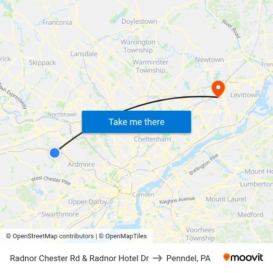 Radnor Chester Rd & Radnor Hotel Dr to Penndel, PA map