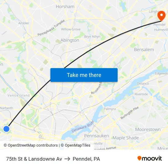 75th St & Lansdowne Av to Penndel, PA map