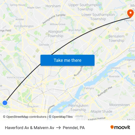 Haverford Av & Malvern Av to Penndel, PA map