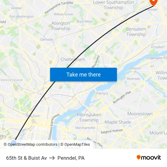 65th St & Buist Av to Penndel, PA map