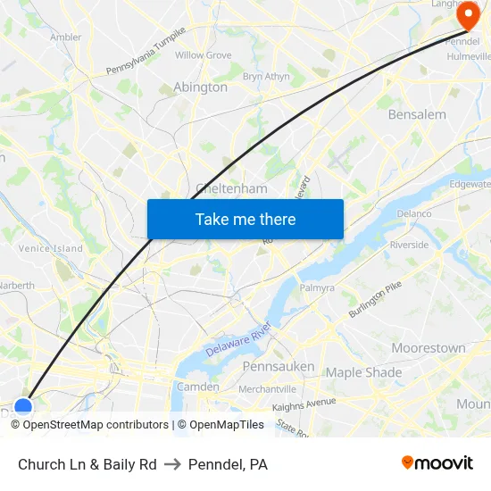 Church Ln & Baily Rd to Penndel, PA map