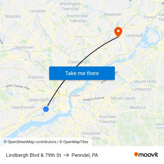 Lindbergh Blvd & 79th St to Penndel, PA map