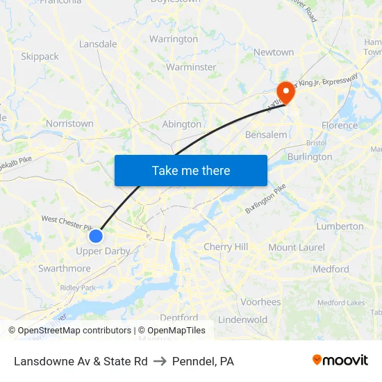 Lansdowne Av & State Rd to Penndel, PA map
