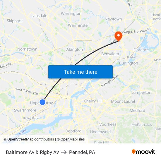 Baltimore Av & Rigby Av to Penndel, PA map