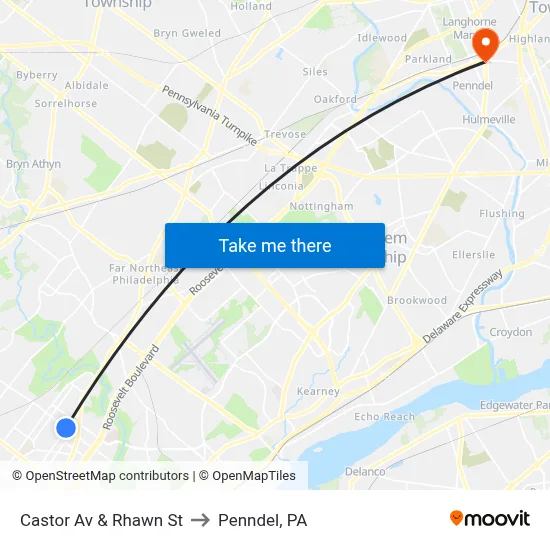 Castor Av & Rhawn St to Penndel, PA map