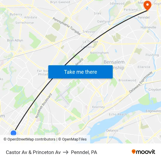 Castor Av & Princeton Av to Penndel, PA map