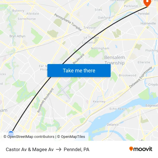 Castor Av & Magee Av to Penndel, PA map