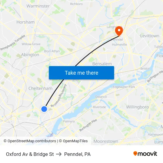Oxford Av & Bridge St to Penndel, PA map