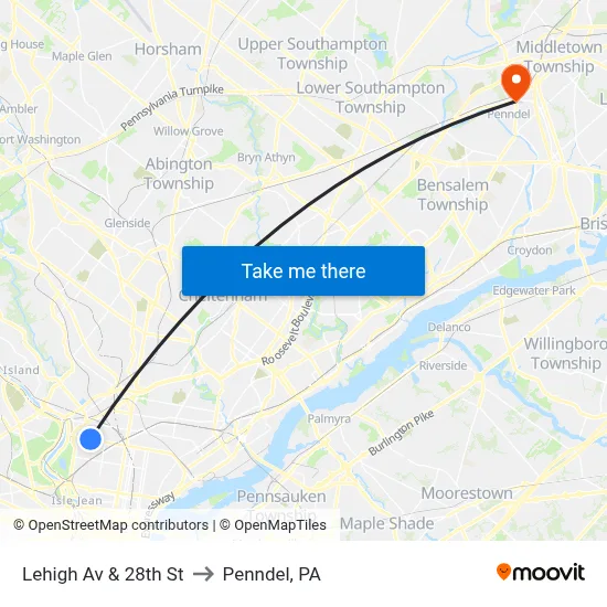 Lehigh Av & 28th St to Penndel, PA map
