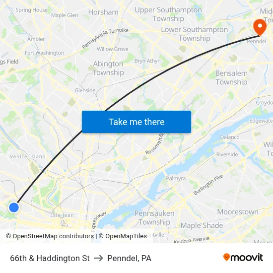 66th & Haddington St to Penndel, PA map