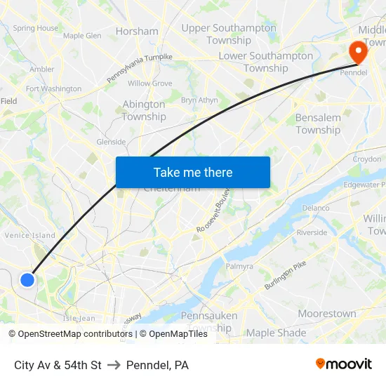 City Av & 54th St to Penndel, PA map