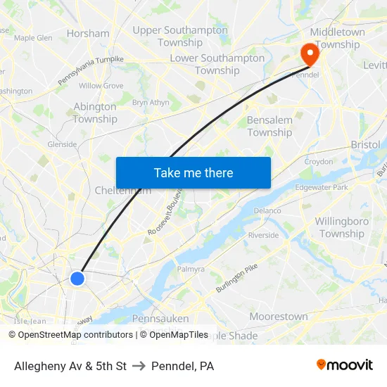 Allegheny Av & 5th St to Penndel, PA map