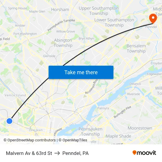 Malvern Av & 63rd St to Penndel, PA map
