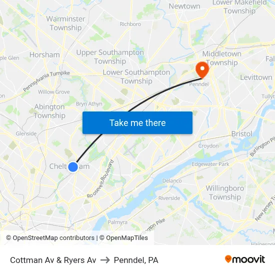 Cottman Av & Ryers Av to Penndel, PA map