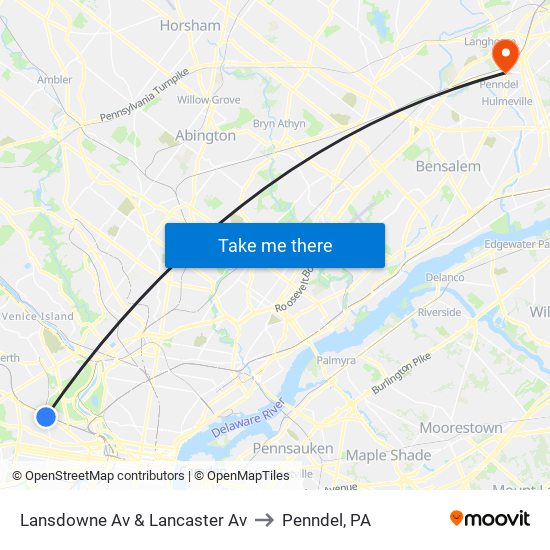 Lansdowne Av & Lancaster Av to Penndel, PA map