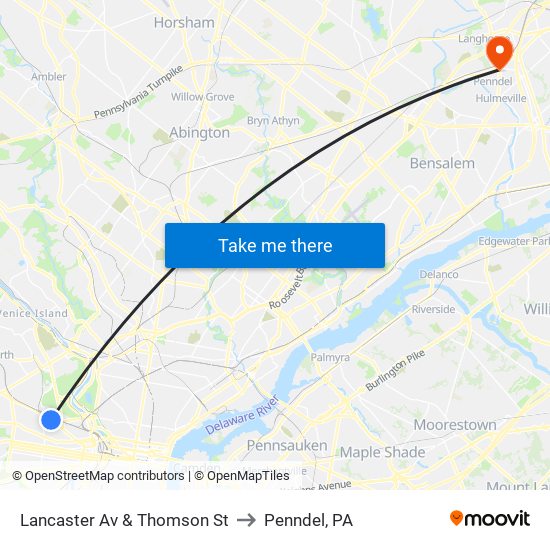 Lancaster Av & Thomson St to Penndel, PA map