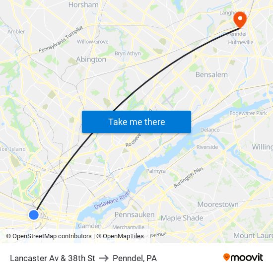 Lancaster Av & 38th St to Penndel, PA map