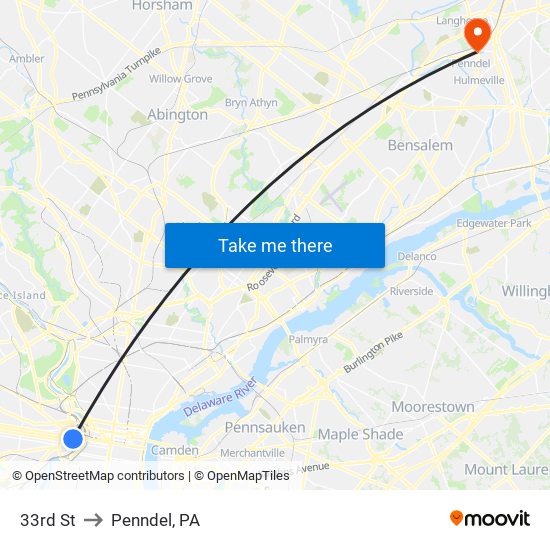 33rd St to Penndel, PA map