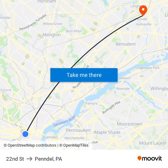 22nd St to Penndel, PA map