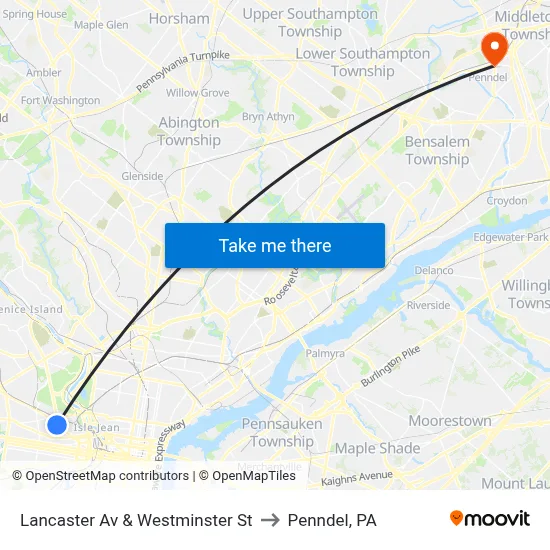 Lancaster Av & Westminster St to Penndel, PA map