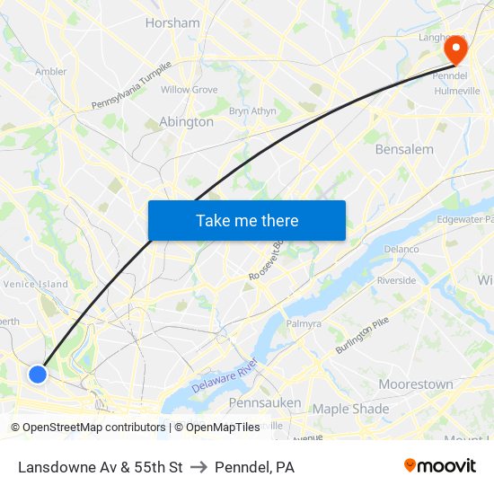 Lansdowne Av & 55th St to Penndel, PA map