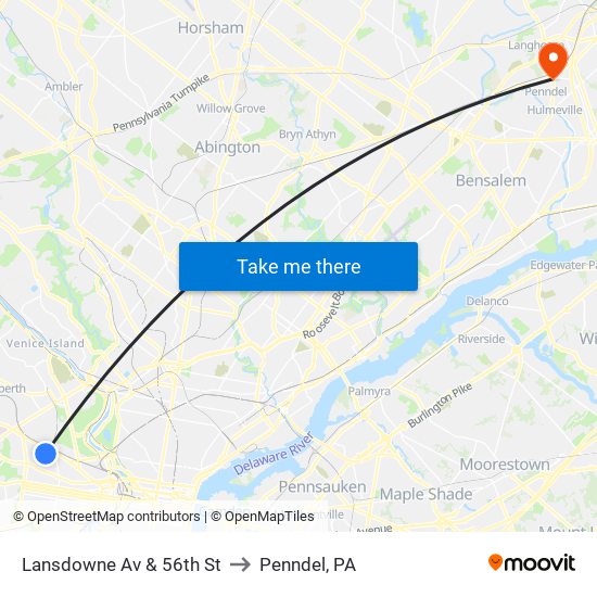 Lansdowne Av & 56th St to Penndel, PA map