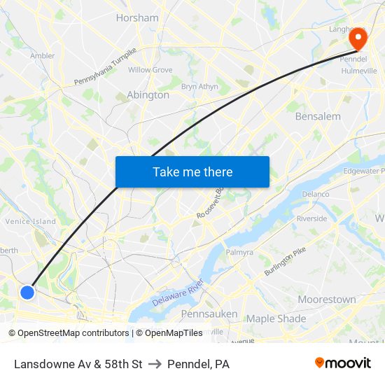 Lansdowne Av & 58th St to Penndel, PA map