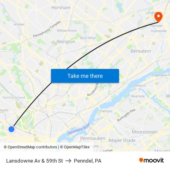 Lansdowne Av & 59th St to Penndel, PA map