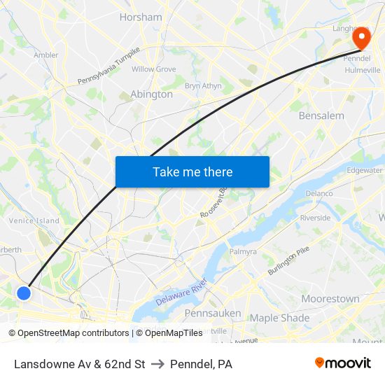 Lansdowne Av & 62nd St to Penndel, PA map