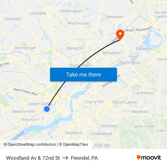 Woodland Av & 72nd St to Penndel, PA map
