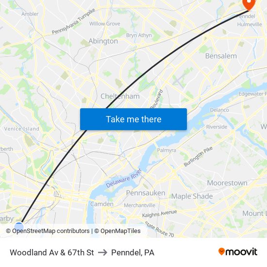 Woodland Av & 67th St to Penndel, PA map