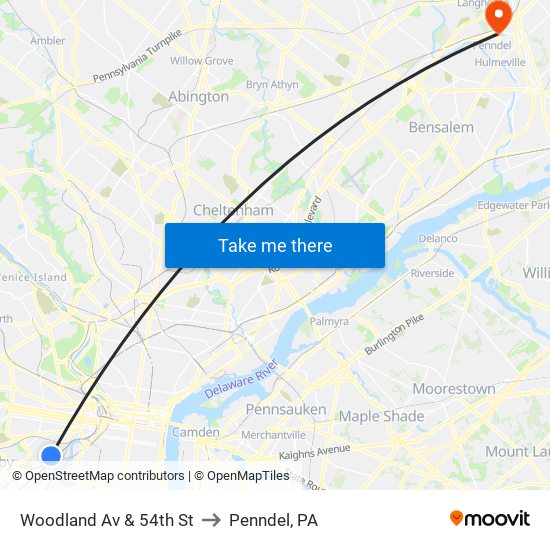 Woodland Av & 54th St to Penndel, PA map