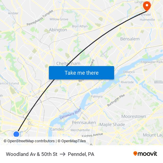 Woodland Av & 50th St to Penndel, PA map