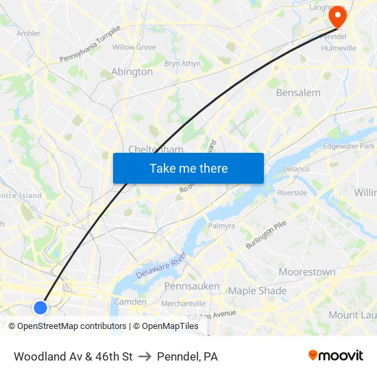 Woodland Av & 46th St to Penndel, PA map