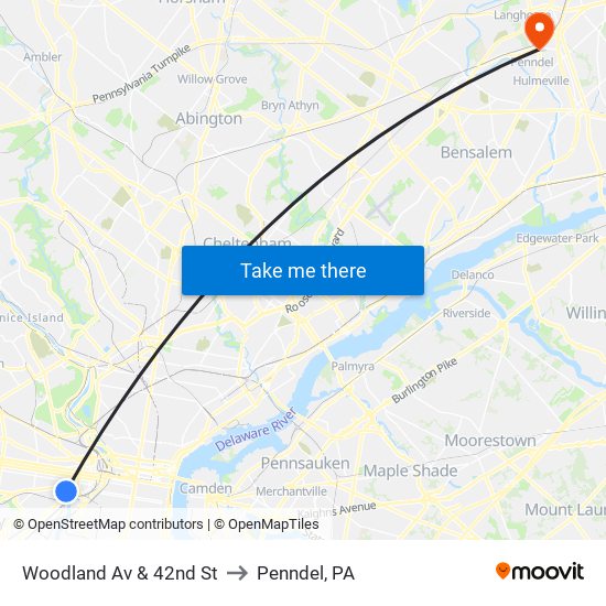 Woodland Av & 42nd St to Penndel, PA map